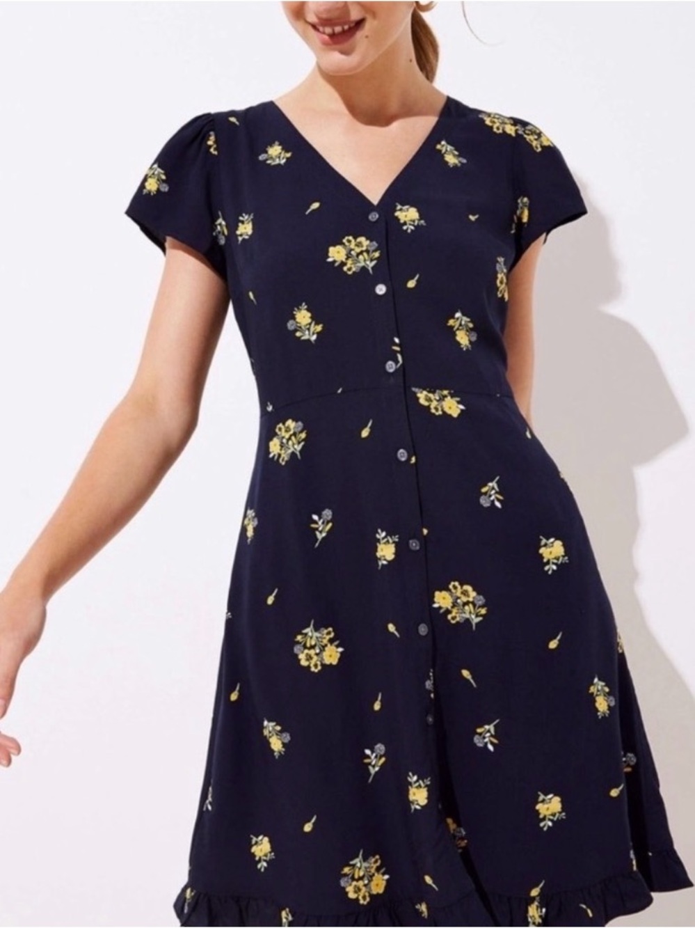 LOFT Navy Floral Button Front Flare Dress